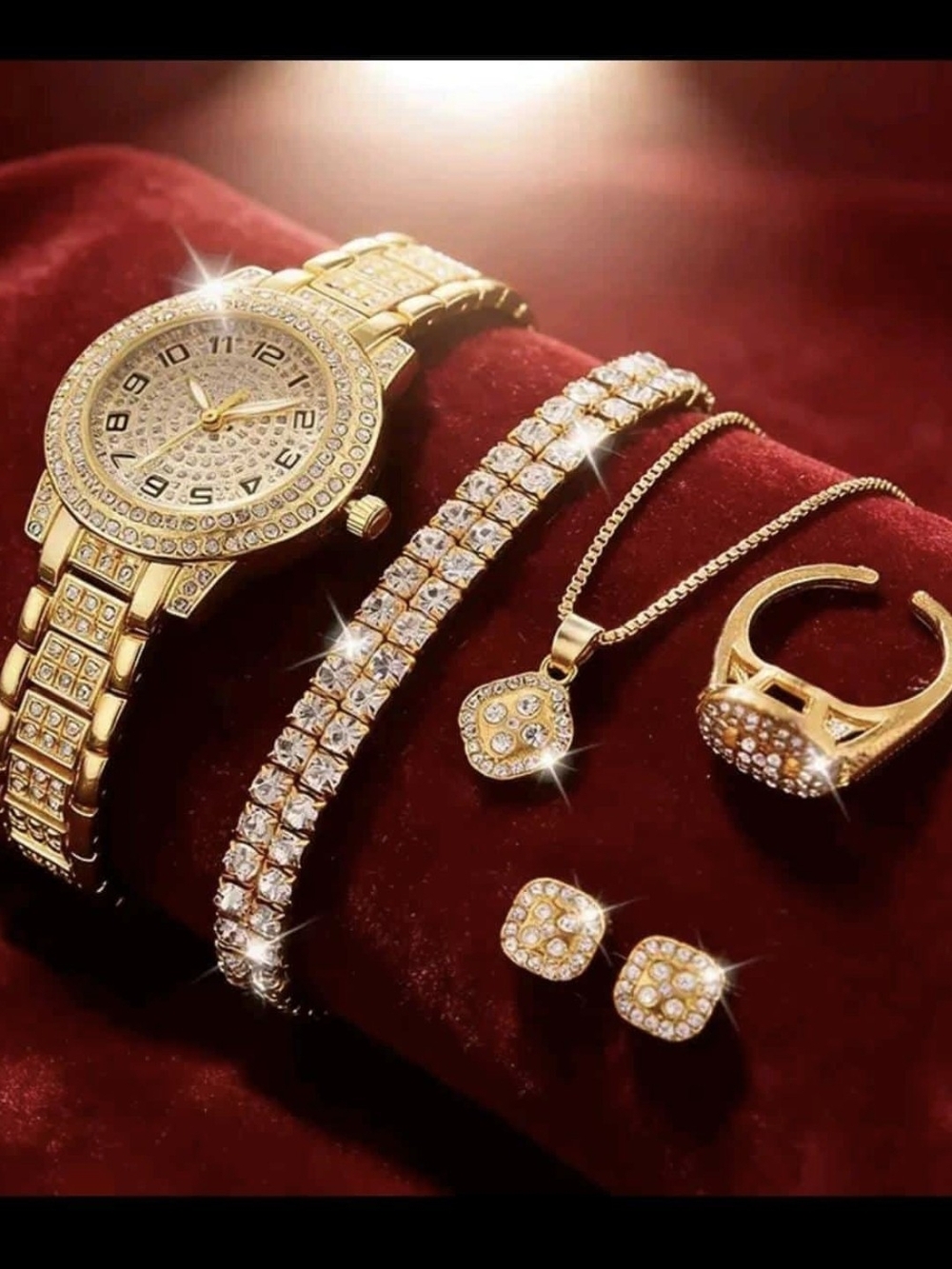 Gold-Tone Women's Watch and Jewelry Set with Clear Crystals